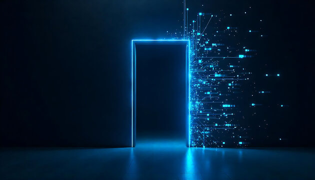 Open door on blue glitch background. illustration of neon lines on black backdrop with futuristic portal, computer system error, cyber security network, Information technology, generative ai