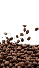 Obraz premium Dark roasted coffee beans splashing against white background, close-up, beverage, detail