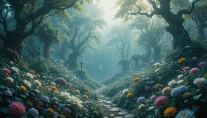Fototapeta premium Enchanted Forest Pathway with Vibrant Flowers and Soft Light
