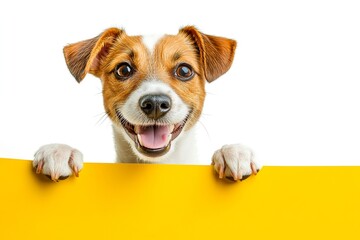 Isolated dog on a solid attire pure white background. Blank sign creature ad. Ð¡ute adult dog jack russell terrier hold in front paws a concept - large yellow lane sign. Dog with label.