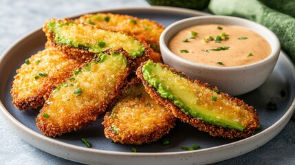 Air fryer clean food quick meal Crispy fried avocado slices with dipping sauce on a plate.
