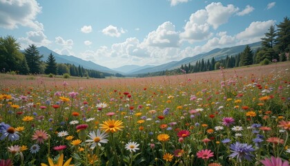Fototapeta premium Colorful Wildflower Field Under Blue Sky with Mountains in Background