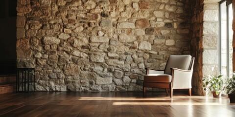 A cozy interior scene featuring a stylish armchair beside a rustic stone wall. The warm wooden floor adds charm. Perfect for home decor inspiration or interior design projects. AI