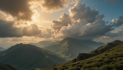 Fototapeta premium Serenity in Mountain Landscape with Dramatic Clouds and Sunlight