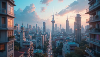 Obraz premium Sunset Over Urban Skyline with Skyscrapers and City Landscape