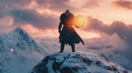 Epic warrior standing on snowy mountain peak at sunset, holding glowing emblem with dramatic clouds in background