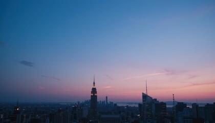 Naklejka premium Stunning Skyline View of City at Sunset with Colorful Atmosphere
