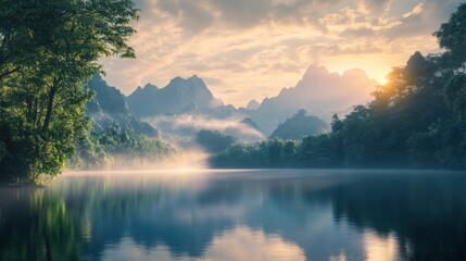 Fototapeta premium Serene sunrise over tranquil lake surrounded by mountains and lush foliage in early morning light