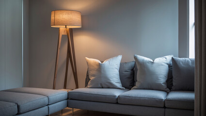 Serene evening ambiance in a cozy living room, featuring a stylish tripod floor lamp casting a warm glow on plush gray cushions and a comfy sofa.
