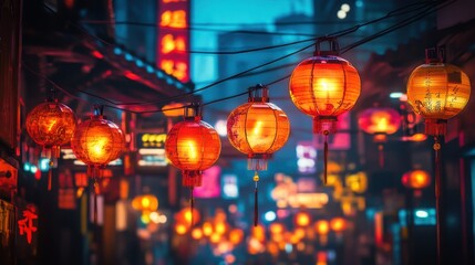 Colorful lanterns illuminate a bustling street market in the heart of the city during the evening hours