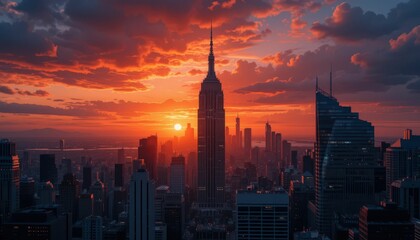 Breathtaking Sunset Over Iconic Skyline with Dramatic Cloud Formation
