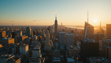 Stunning Aerial View of New York City Skyline at Sunset Golden Hour