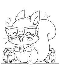Obraz premium Coloring book squirrel with glasses and a tie among flowers. Fun line art for coloring, featuring a cheerful scene