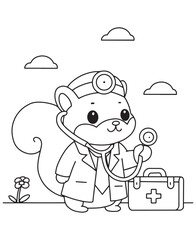 Coloring book squirrel doctor with a stethoscope and medical bag. Fun line art for coloring, featuring a health scene with flowers