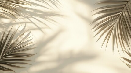 Fototapeta premium Beige background with shadow and palm leaves.