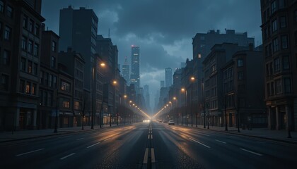 Empty Urban Street Scene at Dusk with City Skyline in Background