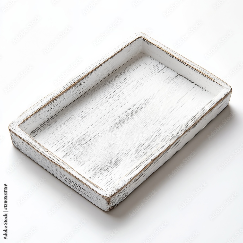 Poster distressed white wooden tray on a white background, perfect for serving or displaying items in a rus