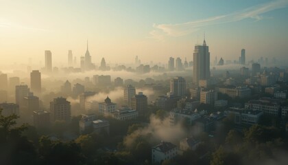 Obraz premium Stunning Sunrise Over a Cityscape with Misty Atmosphere and Skyscrapers
