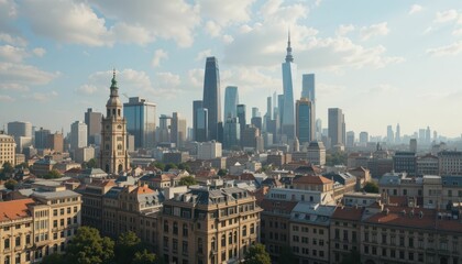 Modern City Skyline with Historic Buildings under Blue Sky