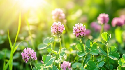 Beautiful Pink Clover Flowers in Sunny Meadow Vibrant Nature Photography Springtime Blossoms Delicate Petals Green Leaves Natural Background Idyllic  