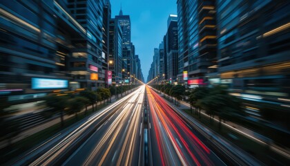 Fototapeta premium Dynamic Motion Blurs of Night City Traffic with Skyscrapers