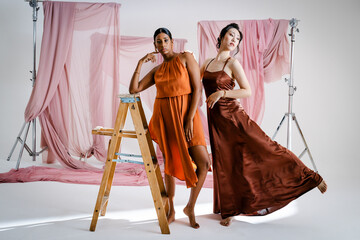 Models posing elegantly in stylish dresses with wooden ladder in studio