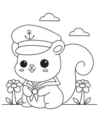 Coloring book squirrel sailor with a captain's hat and flowers. Fun line art for coloring, featuring a maritime scene