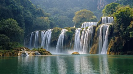 Fototapeta premium Majestic waterfall cascading into a serene turquoise lagoon surrounded by lush greenery under a bright blue sky