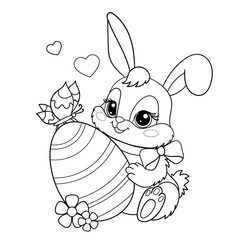 Cute bunny with an Easter egg with a butterfly sitting on it. Black and white linear drawing. Isolated on a white background. For children's design of coloring books, prints, posters, postcards, stick