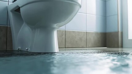 Ceramic toilet overflowing, water spreading across tiled floor, creating potential property damage and urgent home maintenance situation