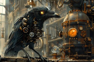 Steampunk inspired artwork of mechanical crow made of brass gear intricate clockwork perched old scientist gloved hand Steam rise tiny vent while glowing amber eye scan Victorian era workshop filled