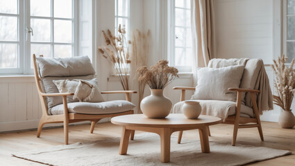 Serene sanctuary: Two light linen armchairs flanking a low wooden coffee table, bathed in soft natural light, create a calming and peaceful atmosphere.