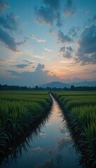 Obraz premium Serene Sunset Over Rice Fields with Reflective Waterway in Background
