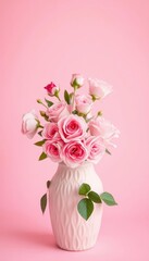 Delicate pink roses in a textured pink vase against a soft pink background, soft pink, still life photography, texture