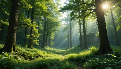 Obraz premium Serene Forest Landscape with Lush Greenery and Sunlight Rays