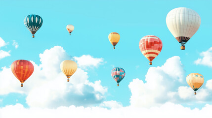 Fototapeta premium Colorful hot air balloons floating in a clear blue sky on a sunny day