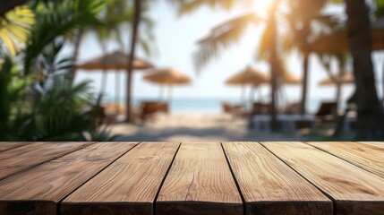 An empty wooden table closeup banner, tropical beach cafe. Sunny summer background with holiday mood for product display and advertisement with copy space for text.