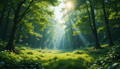 Fototapeta premium Sunlight Filtering Through Lush Green Forest Trees and Grassy Floor