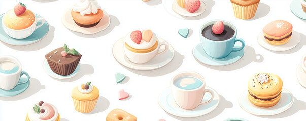 Cozy beachside cafe sticker pack featuring pastel desserts and beverages