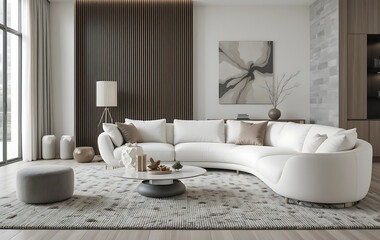 Fototapeta premium Luxury Modern living room with a curved white sofa