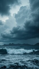 Naklejka premium Dark Storm Clouds Over Turbulent Ocean Waves at Dusk