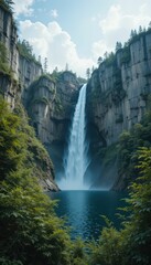 Majestic Waterfall Surrounded by Lush Green Forest and Mountains