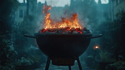 Outdoor grill with burning charcoal. Smoky ambiance