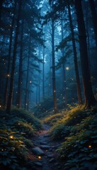 Obraz premium Enchanted Forest Pathway with Glowing Fireflies at Twilight