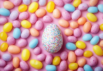 Colorful Sugar-Coated Chocolate Eggs and a Decorated Egg on a Pink Background for Spring Celebrations and Easter Festivities