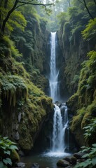 Majestic Waterfall Surrounded by Lush Greenery and Misty Atmosphere