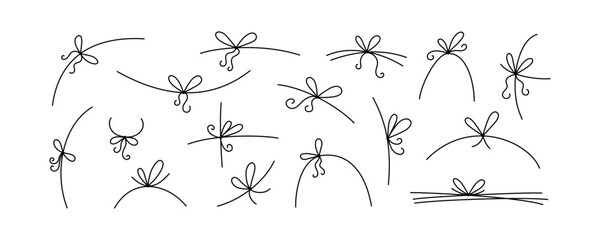 Doodle gift bow set. Round hand drawn present thin ribbon icons. Sketch line holiday gift box bows. Christmas or birthday design elements. Vector illustration isolated on white background.