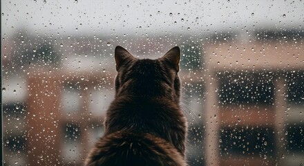 Back View of a Cat Looking Out the Window on a Rainy Day
