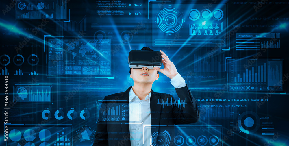Poster smart business man connecting at global network by using vr glasses. project manager accessing big d