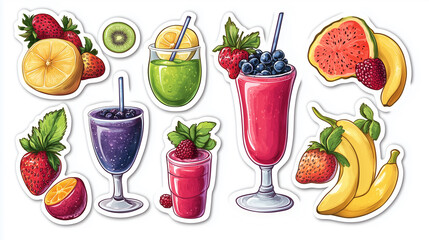 Colorful tropical fruit smoothie sticker pack featuring fresh ingredients and delightful designs
